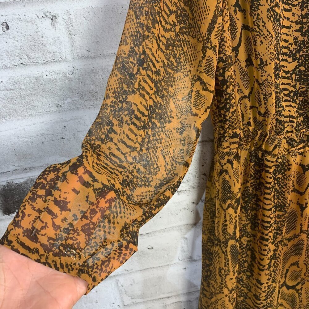 Ichi Day Dress Snakeskin Print Flowy Sheer Chiffon V-Neck Long Sleeve - Picture 4 of 12